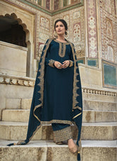 Salwar Suit of Dola Silk in Teal Blue